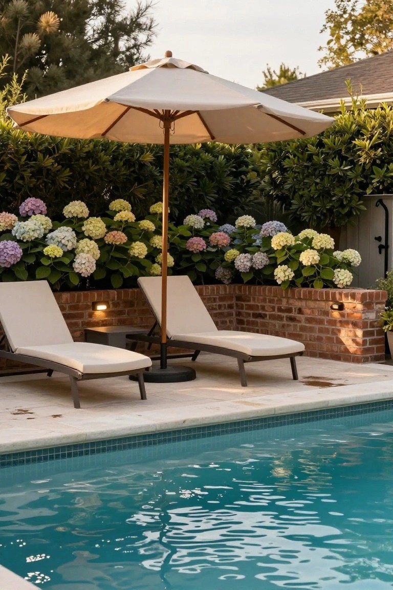 Rectangular turquoise-tiled pool with beige chaise lounges under a large beige umbrella on a stone deck, next to a brick wall planted with colorful hydrangeas and surrounded by greenery.