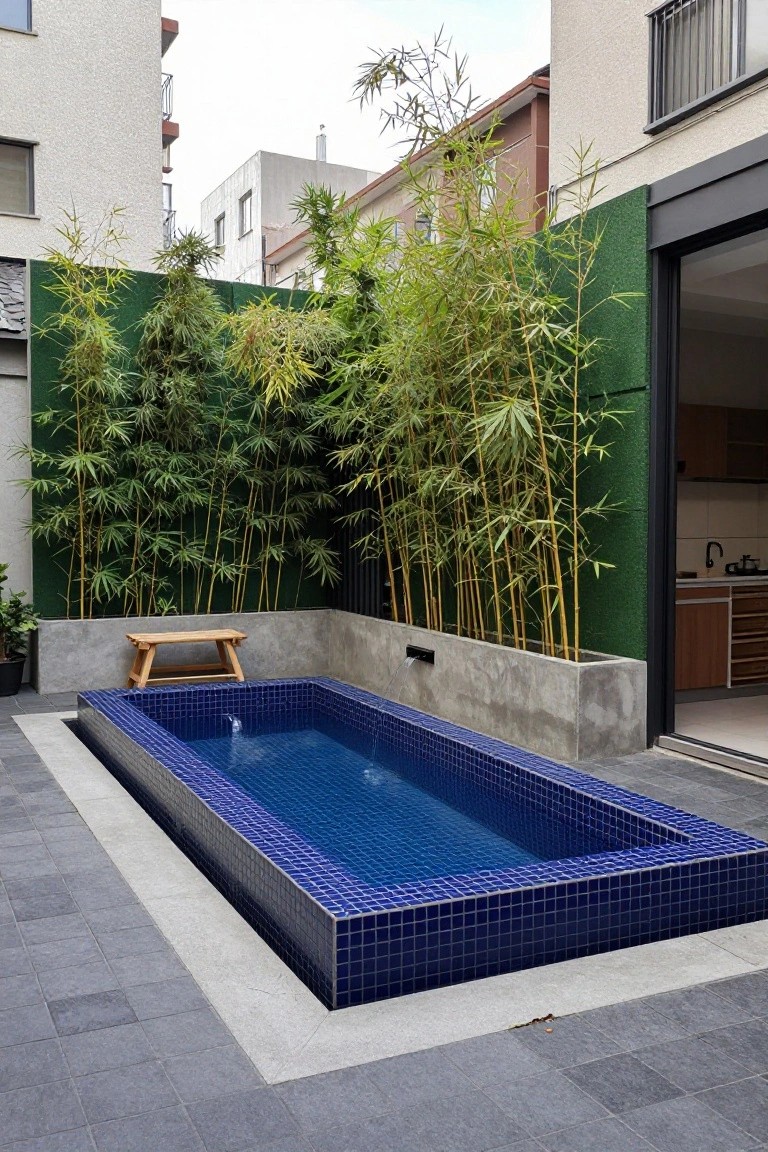 Narrow rectangular pool with blue mosaic tiles in a paved courtyard, surrounded by bamboo screens, a wooden bench, and visible kitchen doors.