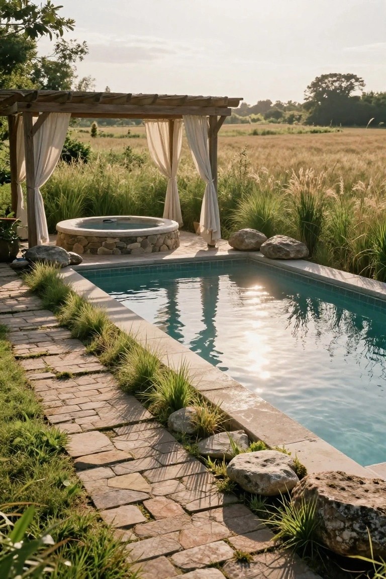 Rectangular turquoise pool adjacent to circular stone hot tub under wooden pergola with white curtains, surrounded by tall grasses, rocks, and brick path in rural landscape at sunset.