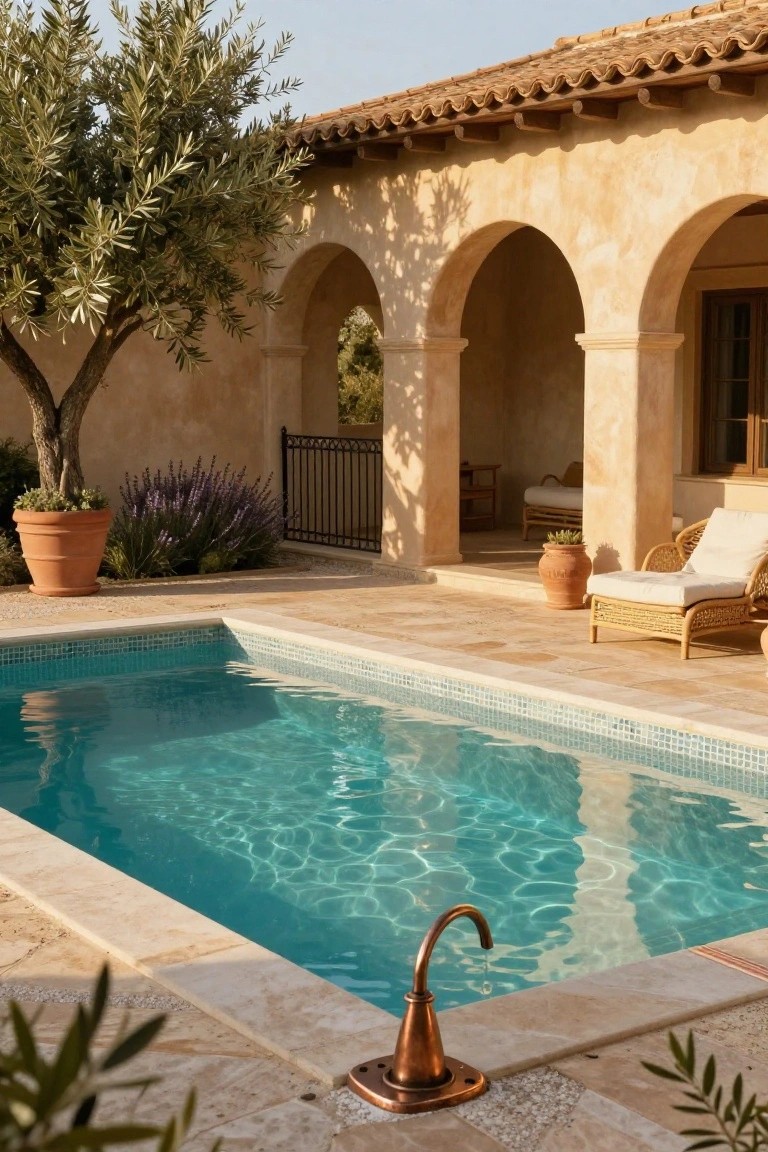 Rectangular turquoise pool with mosaic bottom and stone coping on a beige terracotta-paved terrace, brass gooseneck spout at the edge, rattan lounge chairs, potted plants, olive tree, lavender bushes, and stucco arches in the background.