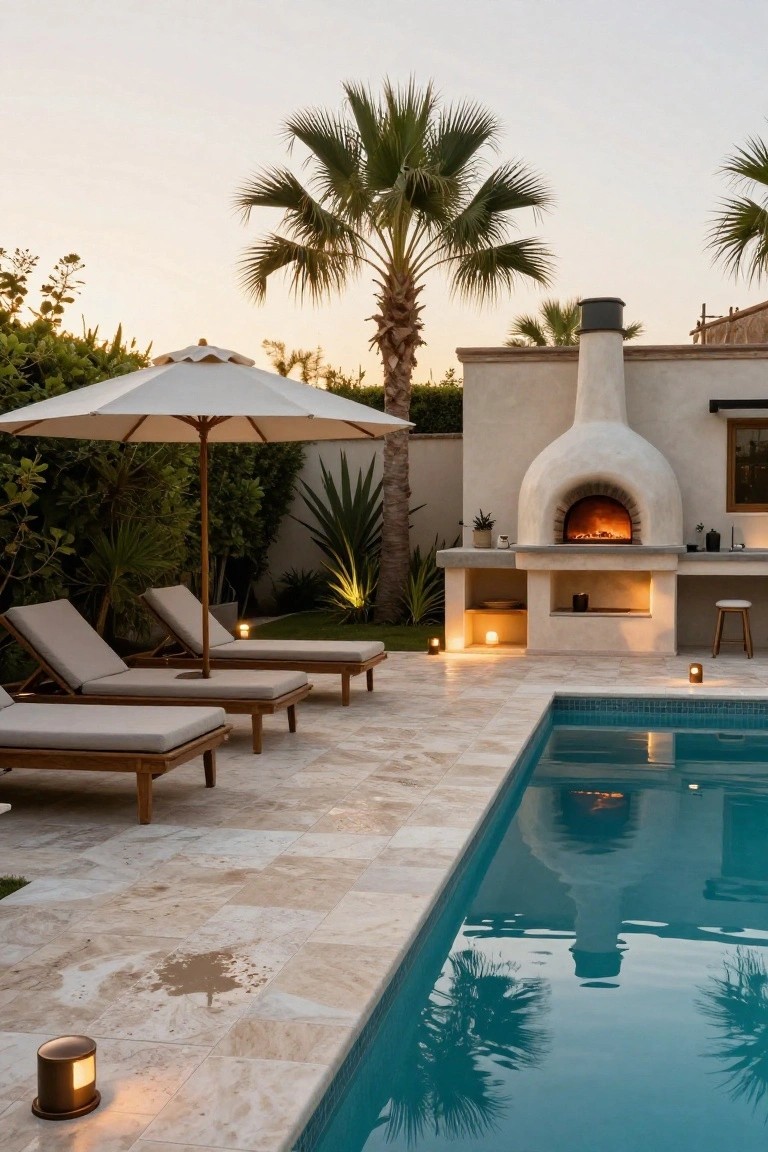 Rectangular turquoise swimming pool with light travertine tile decking, wooden loungers under a white umbrella, domed stone wood-fired oven, palm trees, and landscape lighting nearby.