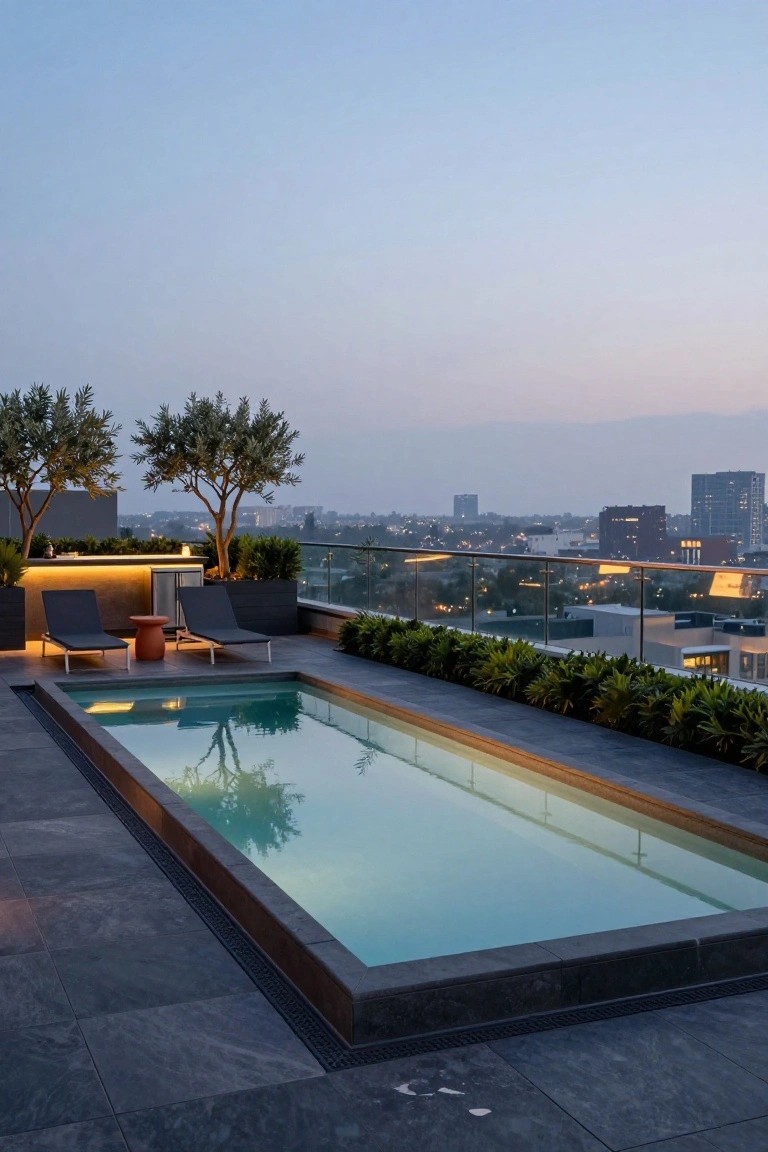 Rooftop terrace with a narrow rectangular in-ground pool lit from below, dark tiled decking, two lounge chairs, potted olive trees, greenery borders, bar counter, and city skyline view at twilight.
