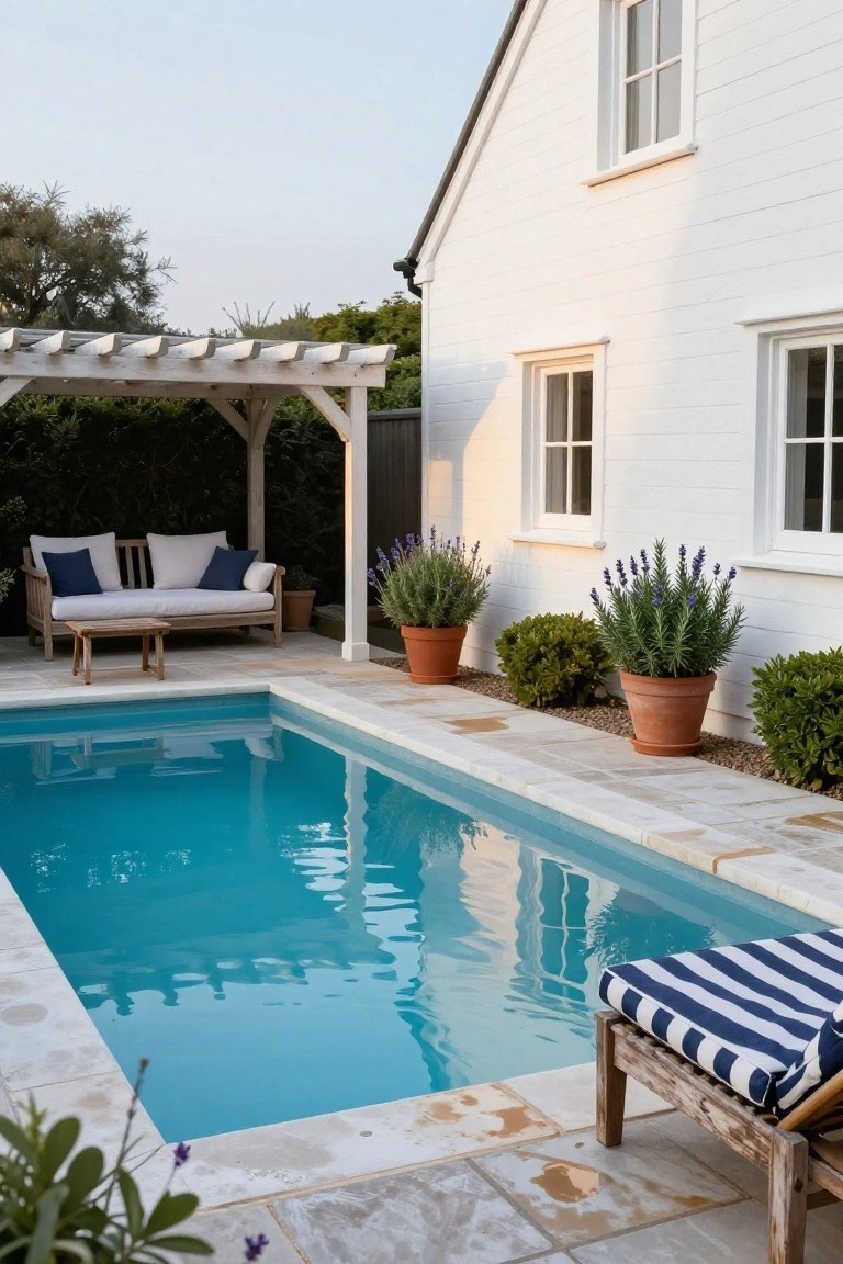 Narrow rectangular swimming pool with beige stone decking next to a white house, wooden pergola shading a loveseat and coffee table, lounge chair nearby, and potted lavender plants along the edge.