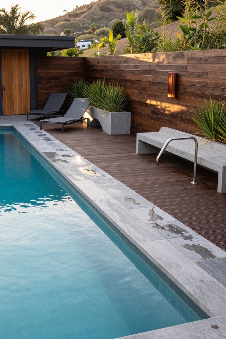 Rectangular turquoise pool with light gray stone coping and brown wooden decking along one side, featuring two gray lounge chairs, a concrete bench with metal handrail, potted plants, and a wooden fence with hills in the background.