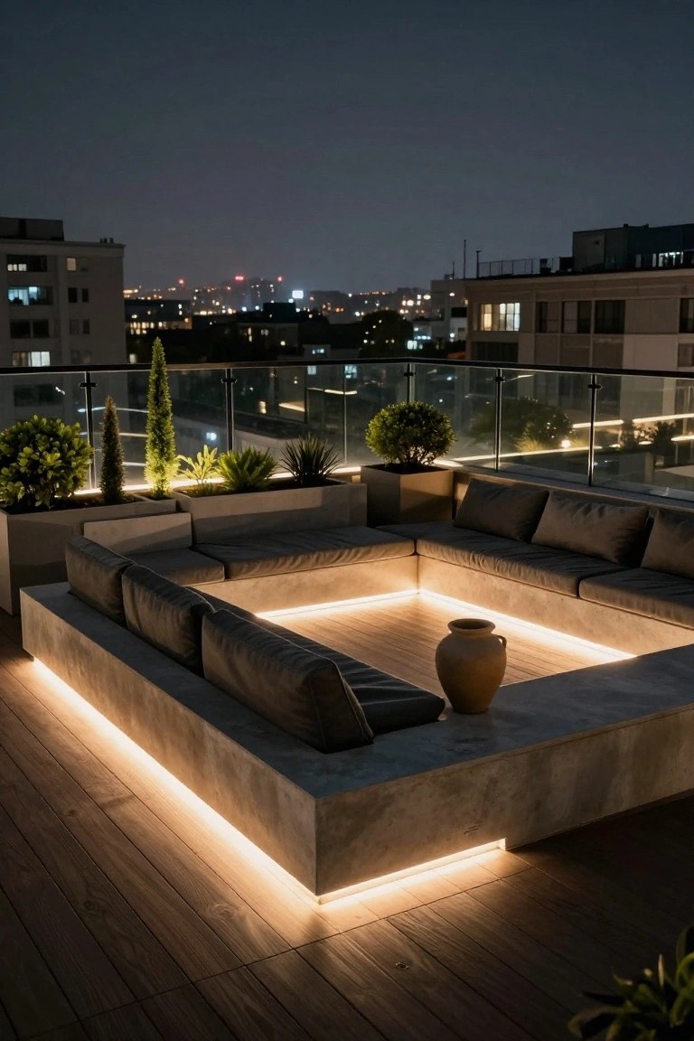 Nighttime photo of a rooftop terrace with L-shaped built-in concrete seating illuminated by recessed LED strip lights along the edges, potted plants nearby, and a city skyline view in the background.