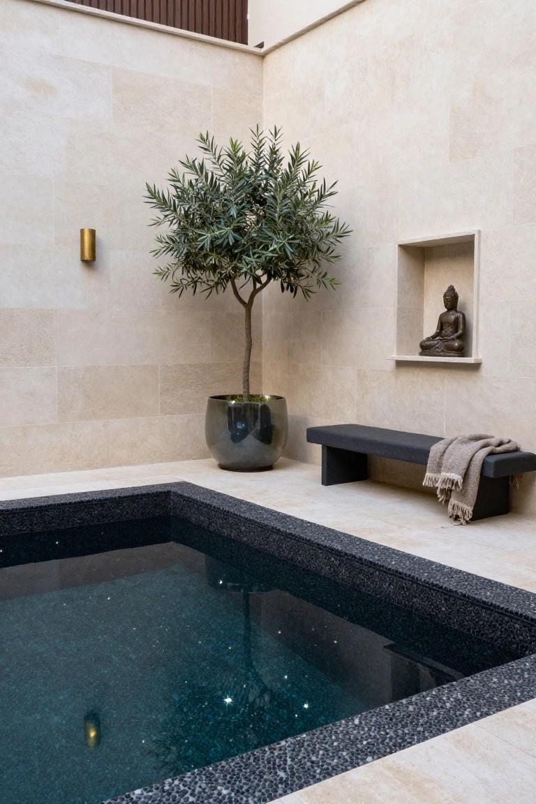 Small rectangular pool with black pebble edges and sparkling blue water from underwater lights in a beige stone courtyard at night, olive tree in dark pot nearby, lit gold cylindrical wall sconce, black bench with beige blanket, and bronze Buddha statue in wall niche.