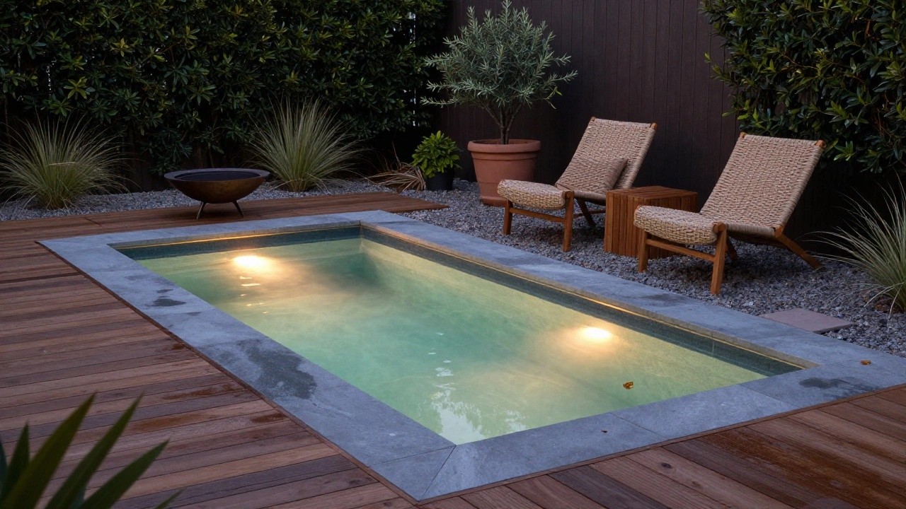 Nighttime photo of a pool deck featuring rattan lounge chairs, a metal fire bowl, concrete bench with underlighting, wooden decking, tiled pool edge, and surrounding plants and pots.