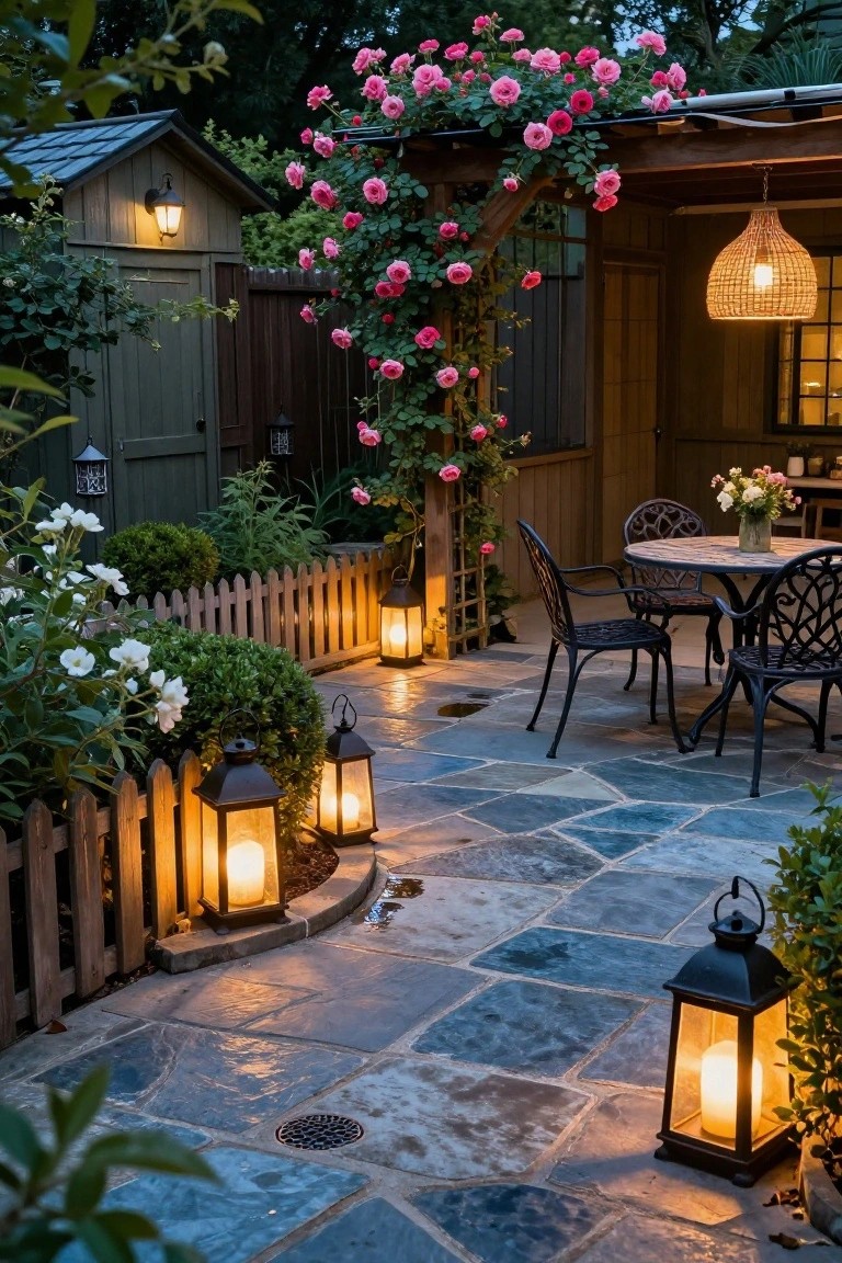 Nighttime garden patio with irregular stone pavers, four black metal lanterns with lit candles along the path, round metal table with four chairs, climbing pink roses on wooden arbor, garden shed, and surrounding plants and picket fence.