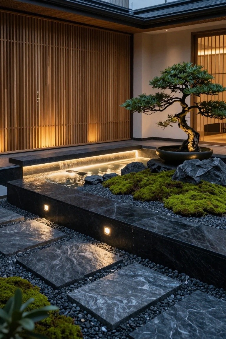 Nighttime photo of a modern outdoor courtyard with wooden screens, a small rectangular pool featuring a waterfall and linear edge lighting on a black stone platform, surrounded by rocks, moss, gravel, a bonsai tree in a black pot, and dark stepping stones.