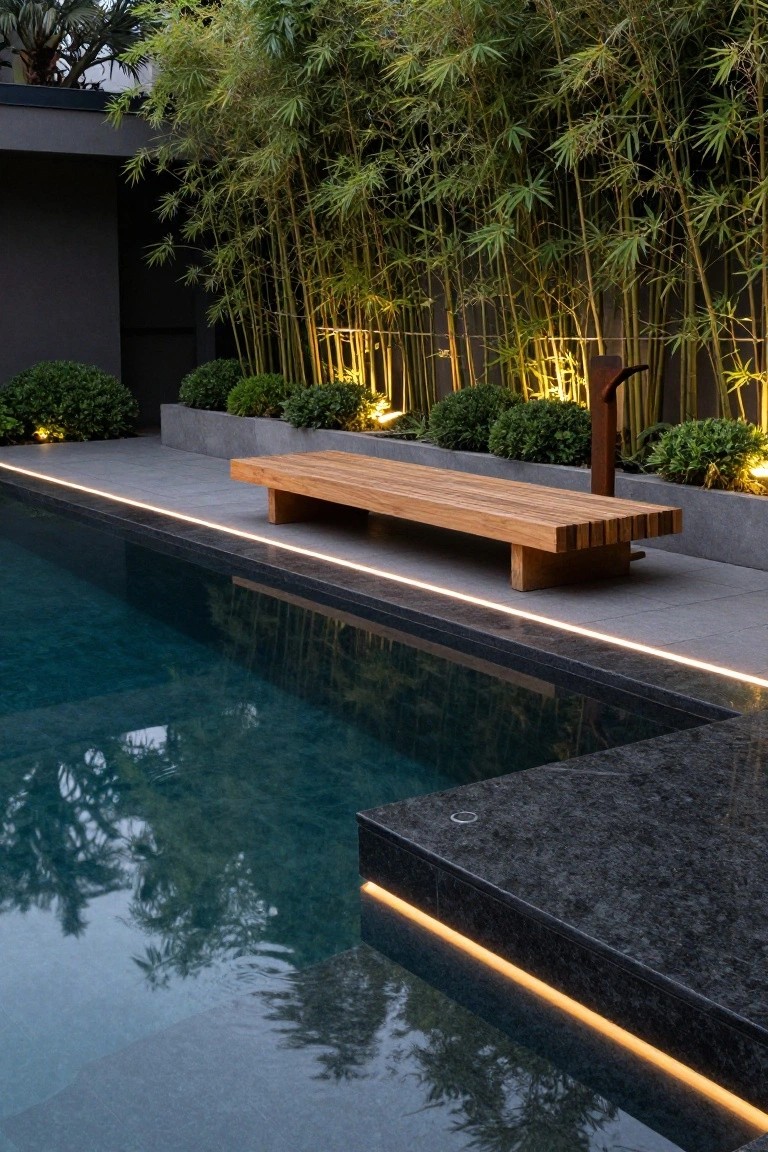 Nighttime pool area with linear LED lights along the dark stone edge, wooden bench on gray tiled deck, bamboo plants and boxwood shrubs lit from below in the background.