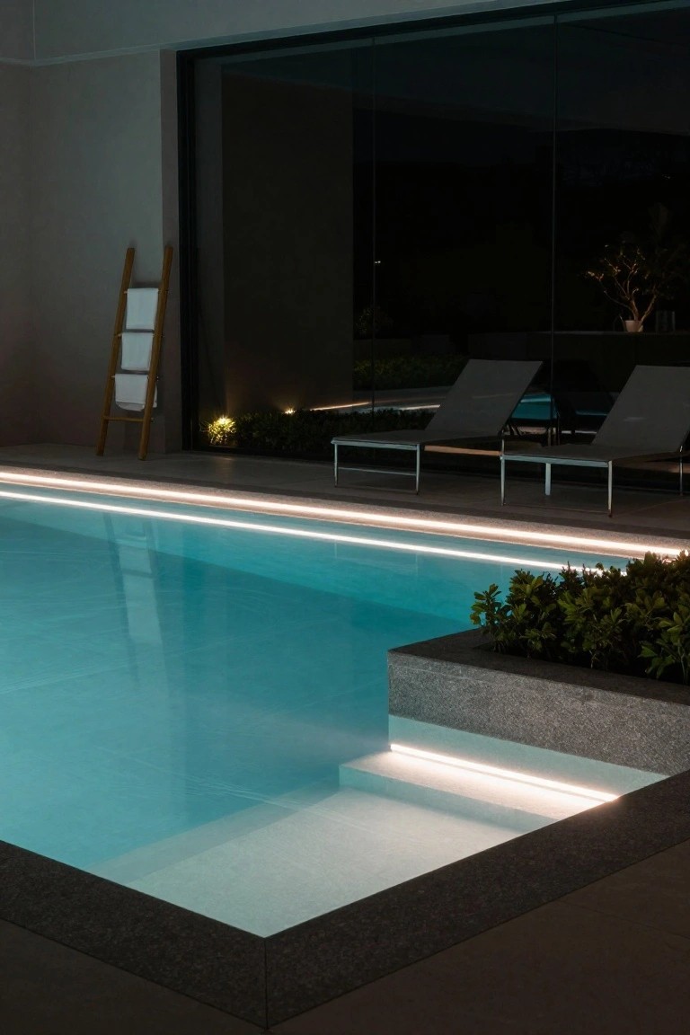 Nighttime photo of a modern pool with glowing turquoise water from underwater lights, white LED strips illuminating the edges and steps, two gray lounge chairs, a wooden ladder holding white towels, potted plants, and a dark glass building behind.