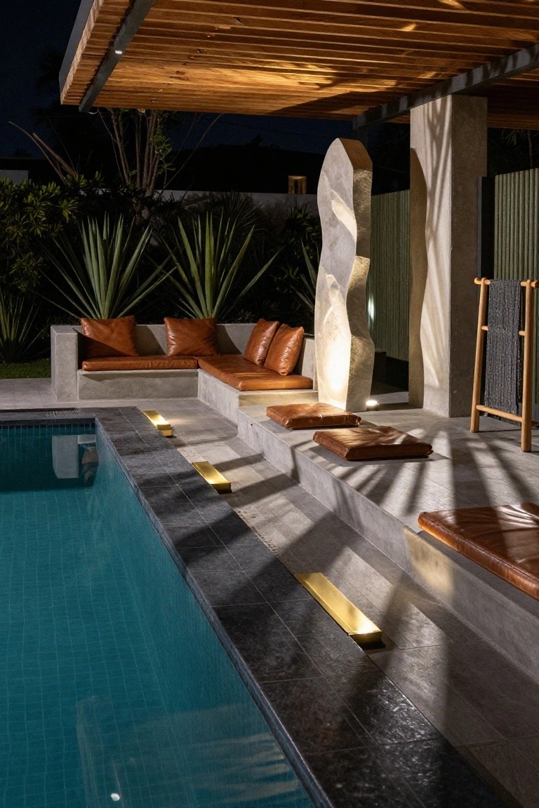 Nighttime photo of a pool with recessed gold light fixtures along the dark edge and concrete steps, orange leather cushions on built-in benches, agave plants, a stone sculpture, and wooden pergola overhead.