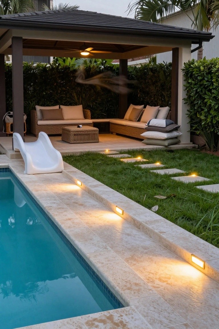 Nighttime photo of a rectangular pool with white slide, lit by recessed lights along travertine coping, grass yard with illuminated stepping stone path leading to covered outdoor seating area surrounded by hedges and palm trees.