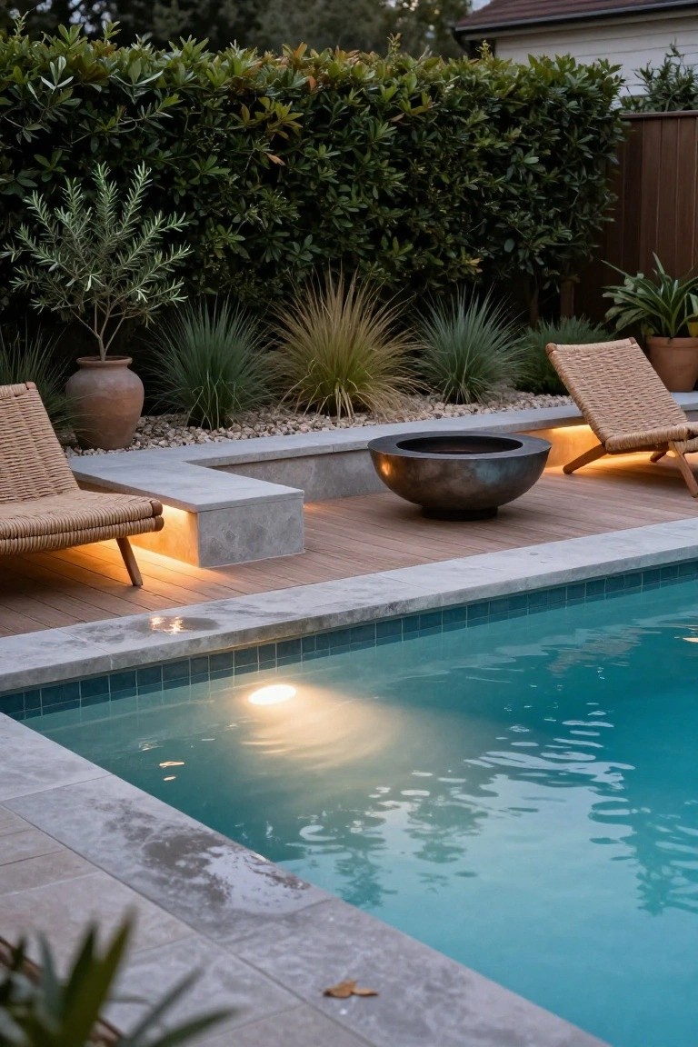 Nighttime photo of a pool deck featuring rattan lounge chairs, a metal fire bowl, concrete bench with underlighting, wooden decking, tiled pool edge, and surrounding plants and pots.