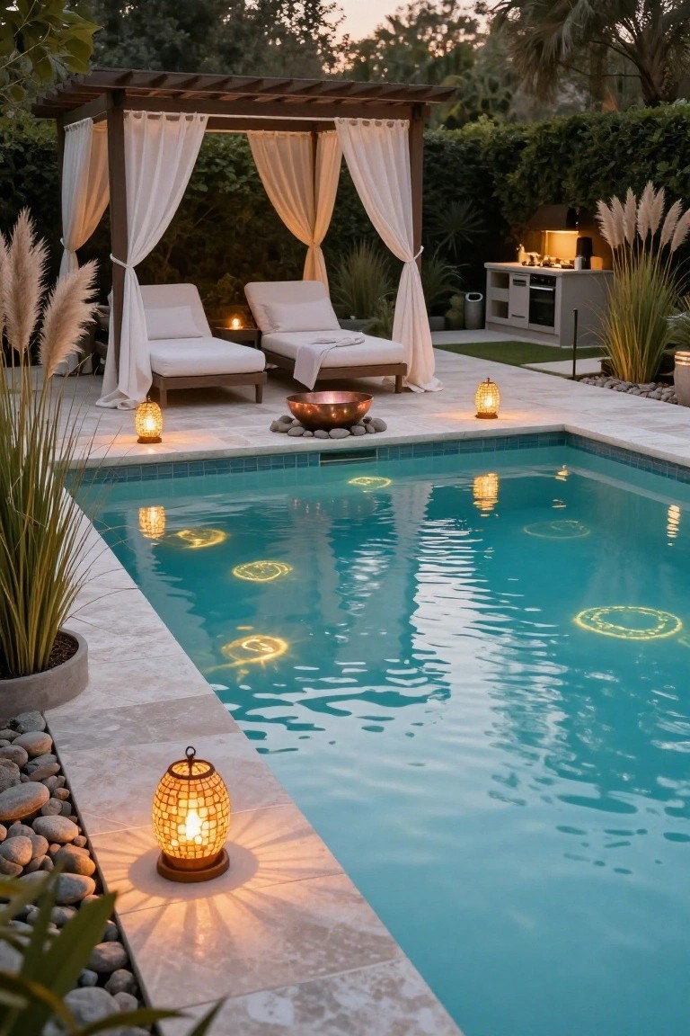 Nighttime backyard pool with turquoise water reflecting multiple circular lights, travertine deck edged with plants and rocks, lanterns glowing nearby, potted grasses, and a pergola with white lounge chairs in the background.
