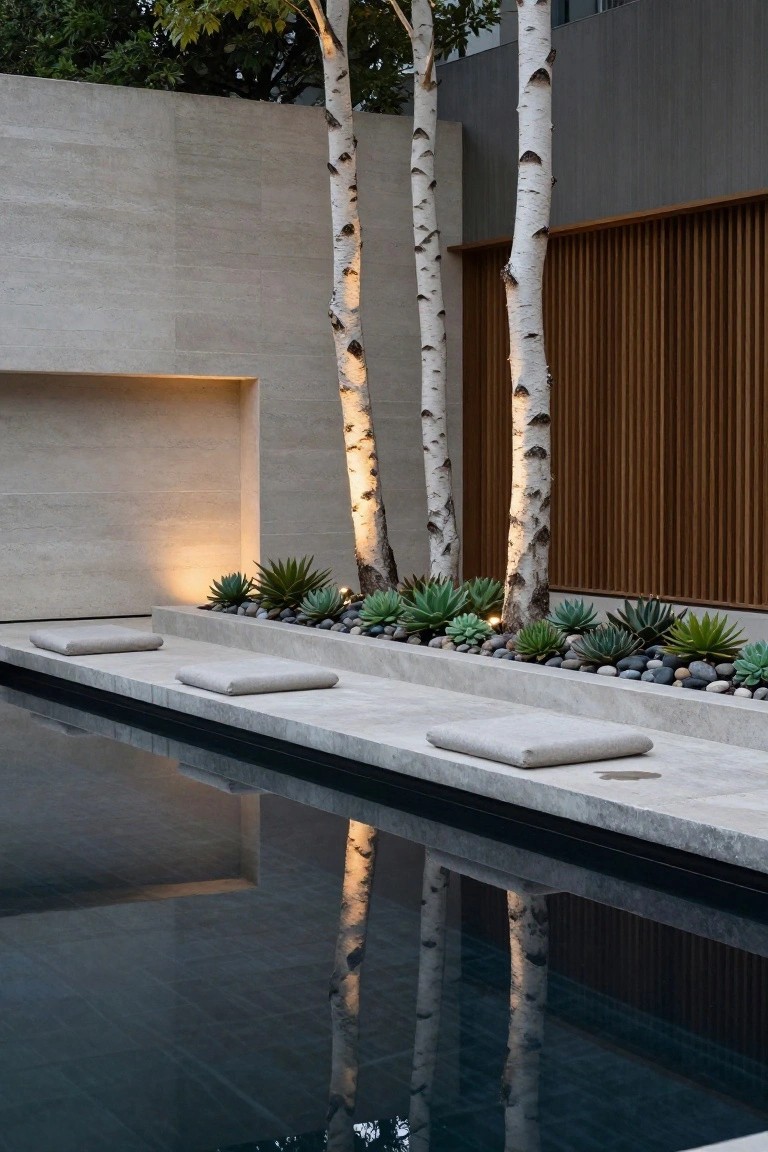 Nighttime photo of a dark pool with reflections of three uplit white birch trees along the stone edge, low seating cushions, succulent plants in pebble mulch, and beige walls with wood screens.