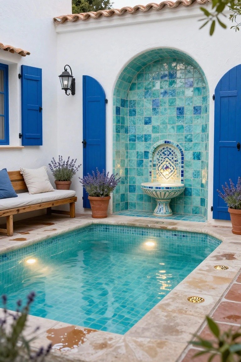 Small turquoise-tiled plunge pool lit from underwater at night, with illuminated matching tiled fountain, wooden bench with cushions and pillows, potted lavender plants, and blue shutters on white stucco walls surrounding the space.