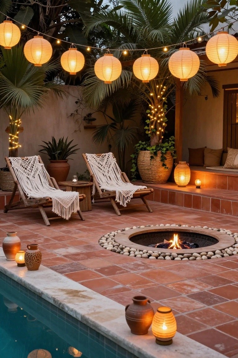 Nighttime poolside patio with terracotta tiles, central stone fire pit surrounded by pebbles, two white macrame lounge chairs on wooden side tables, strung orange paper lanterns, potted plants, and a turquoise pool edge.