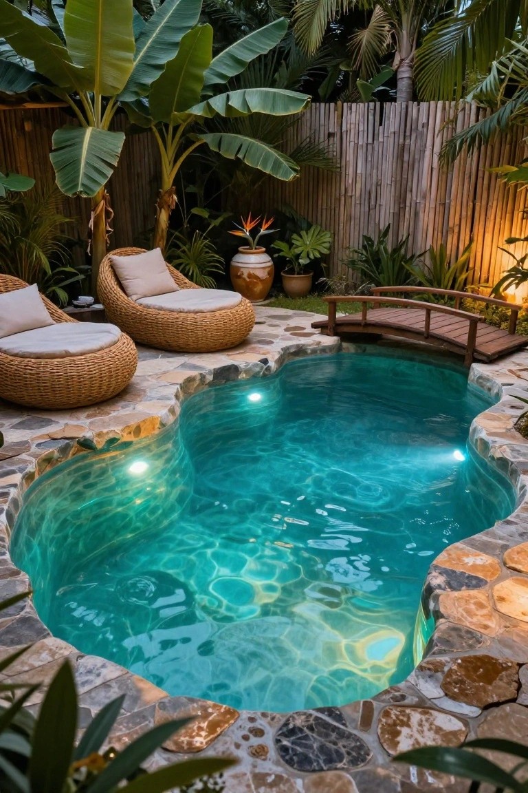 A curved turquoise pool at night with underwater lighting creating a glowing effect, surrounded by tropical plants, rattan lounge chairs, a wooden arched bridge, stone decking, and bamboo fencing.
