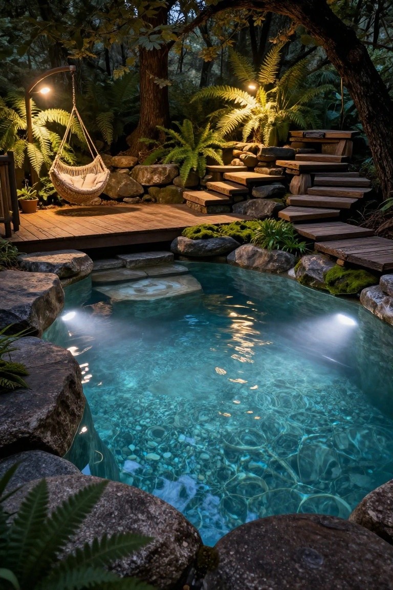 Night view of a small rock-surrounded pool with blue underwater lighting reflecting on stones and water, wooden deck platform with steps, hanging rope swing, ferns, moss, and soft overhead lamps in a dark forested setting.