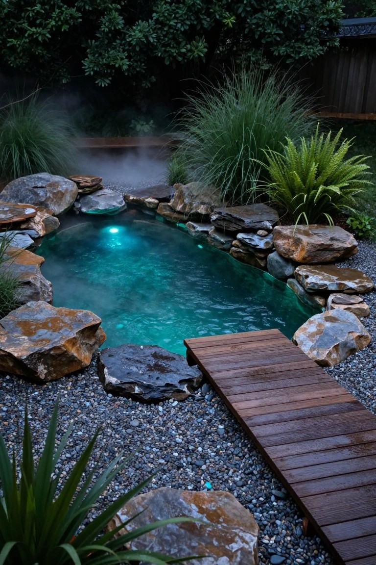 Nighttime view of a small oval pool edged with natural rocks and gravel, featuring blue underwater lighting, mist rising from the water, surrounded by grasses and ferns, with a wooden bridge leading across.