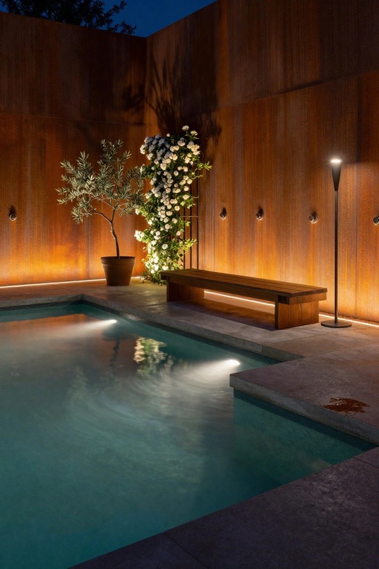 Nighttime photo of a small rectangular pool with turquoise water and edge lighting, concrete deck, wooden bench, potted olive tree and white climbing flowers against illuminated corten steel walls, tall freestanding lamp, and wall uplights.