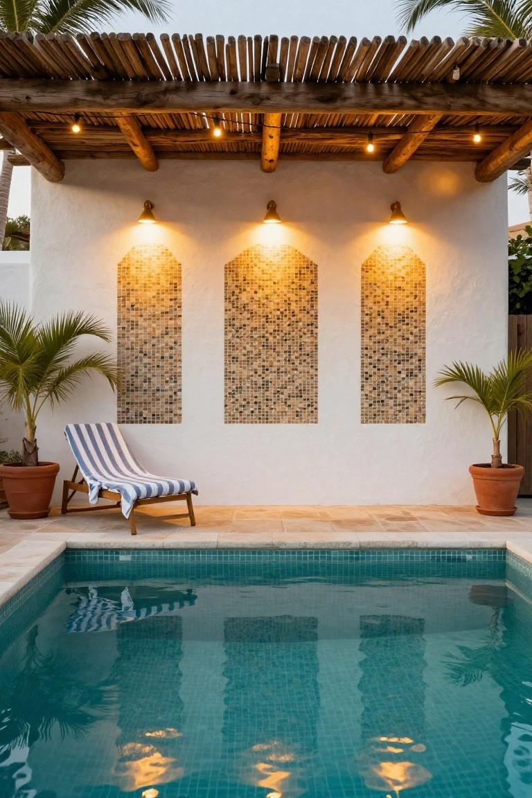 Nighttime poolside scene with turquoise tiled pool, striped lounge chair on tile decking, potted palms, white stucco wall with three illuminated beige mosaic tile panels under brass wall sconces, thatched roof overhead with string lights, and palm trees nearby.