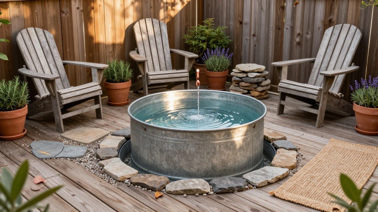 18 Rustic Stock Tank Pool Ideas With Warm Outdoor Charm Galvanized metal stock tank pool with copper faucet fountain on wooden deck patio surrounded by Adirondack chairs, potted plants, gravel edging, stone slabs, and stone fire pit base.
