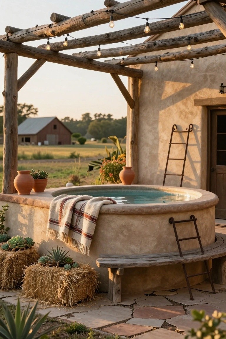 18 Rustic Stock Tank Pool Ideas With Warm Outdoor Charm Round turquoise hot tub in a rustic outdoor patio under wooden pergola with string lights, against adobe wall with iron ladder, wooden bench, potted plants in hay bales, and distant barn in field.
