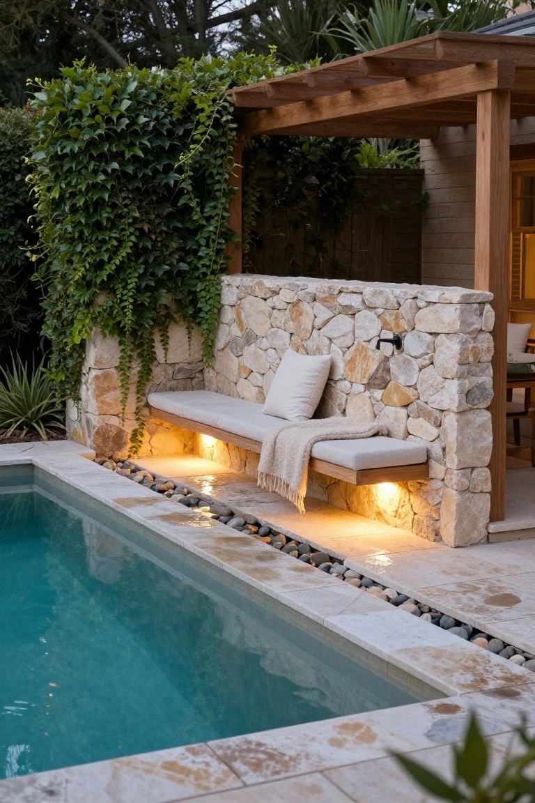 Stone wall with integrated wooden bench seat, white cushions, folded throw blanket, and underlighting next to a turquoise pool edged in pebbles and travertine pavers, with greenery and a pergola nearby.