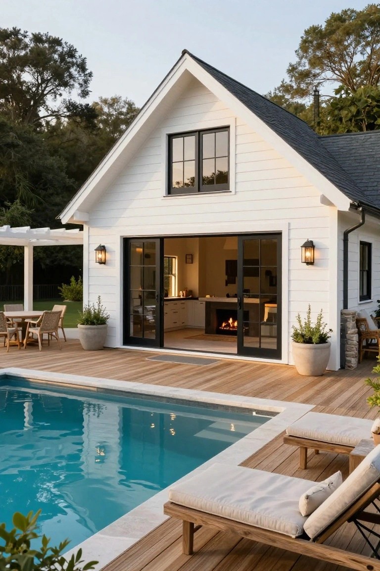 White board-and-batten pool house with black-framed windows and large open sliding doors revealing a kitchen and fireplace inside, next to a turquoise pool edged by a light wooden deck with teak lounge chairs and potted plants.