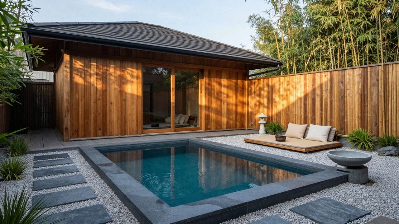 Wooden pavilion with open white shoji screen doors and tatami floor mat overlooking turquoise pool, surrounded by bamboo plants, grasses, stone basin lantern, and dark stepping stone path.