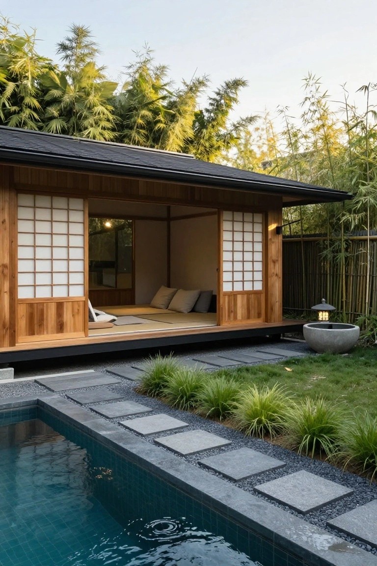 Wooden pavilion with open white shoji screen doors and tatami floor mat overlooking turquoise pool, surrounded by bamboo plants, grasses, stone basin lantern, and dark stepping stone path.