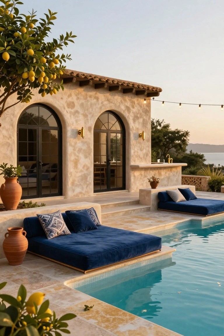 Outdoor pool terrace with beige stucco house featuring arched black doors, two blue velvet daybeds on the edge, terracotta pots, lemon tree, string lights, and sea view at sunset.