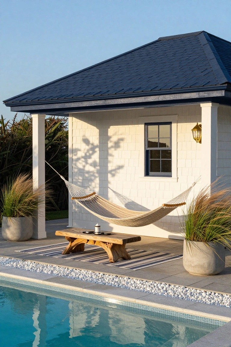 White clapboard pool house with dark blue roof and porch displaying beige hammock over wooden low table, flanked by potted grasses, on tiled patio edged with white pebbles next to turquoise pool.
