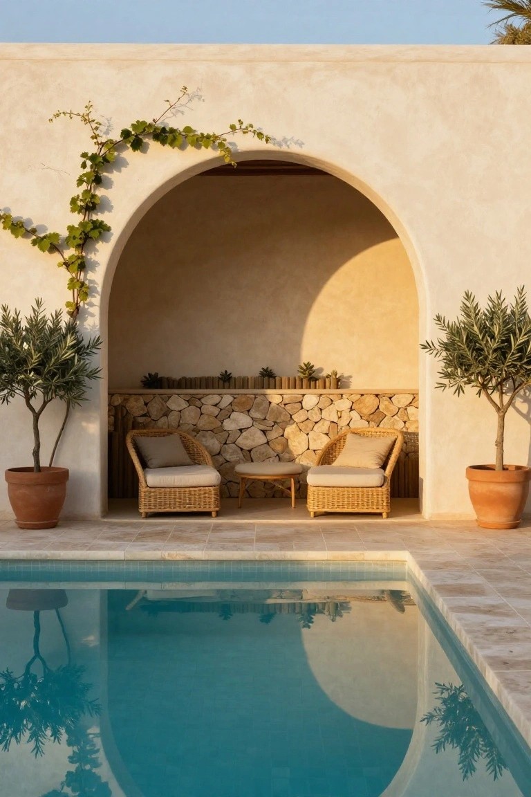 Beige stucco wall with green ivy arching over an open alcove containing two rattan chairs, a round ottoman table, and stone wall backing, flanked by potted olive trees in terracotta pots next to a rectangular blue pool on tiled decking.