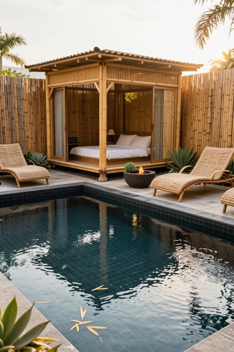 Bamboo pavilion with an elevated bed and open curtains sits beside a small rectangular dark-tiled pool, flanked by lounge chairs, a fire pit with plants, and bamboo privacy screens.