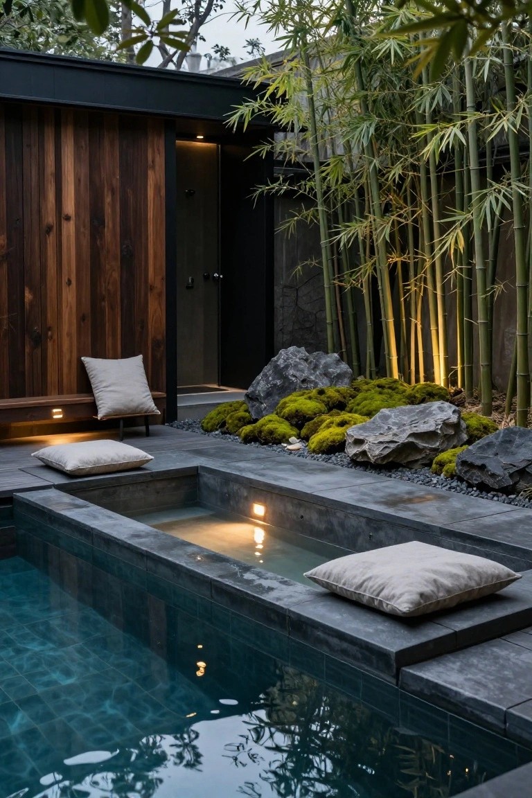 Narrow dark-tiled pool with water reflections, adjacent slate ledge holding white cushions and pillows, wooden bench with cushion on one side, surrounded by tall bamboo, mossy rocks, and soft ground lighting.