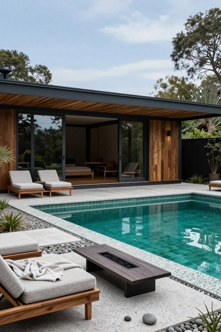 Modern pool house with open sliding glass doors overlooking a turquoise-tiled pool, featuring a rectangular dark wood fire table with flames on a pebble-edged deck surrounded by lounge chairs and tropical plants.