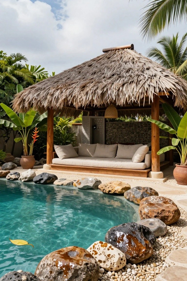 Thatched roof pavilion with wooden posts, beige cushioned daybed, and hanging lantern beside a turquoise pool edged with large rocks and surrounded by tropical plants including palms, banana trees, and heliconia.