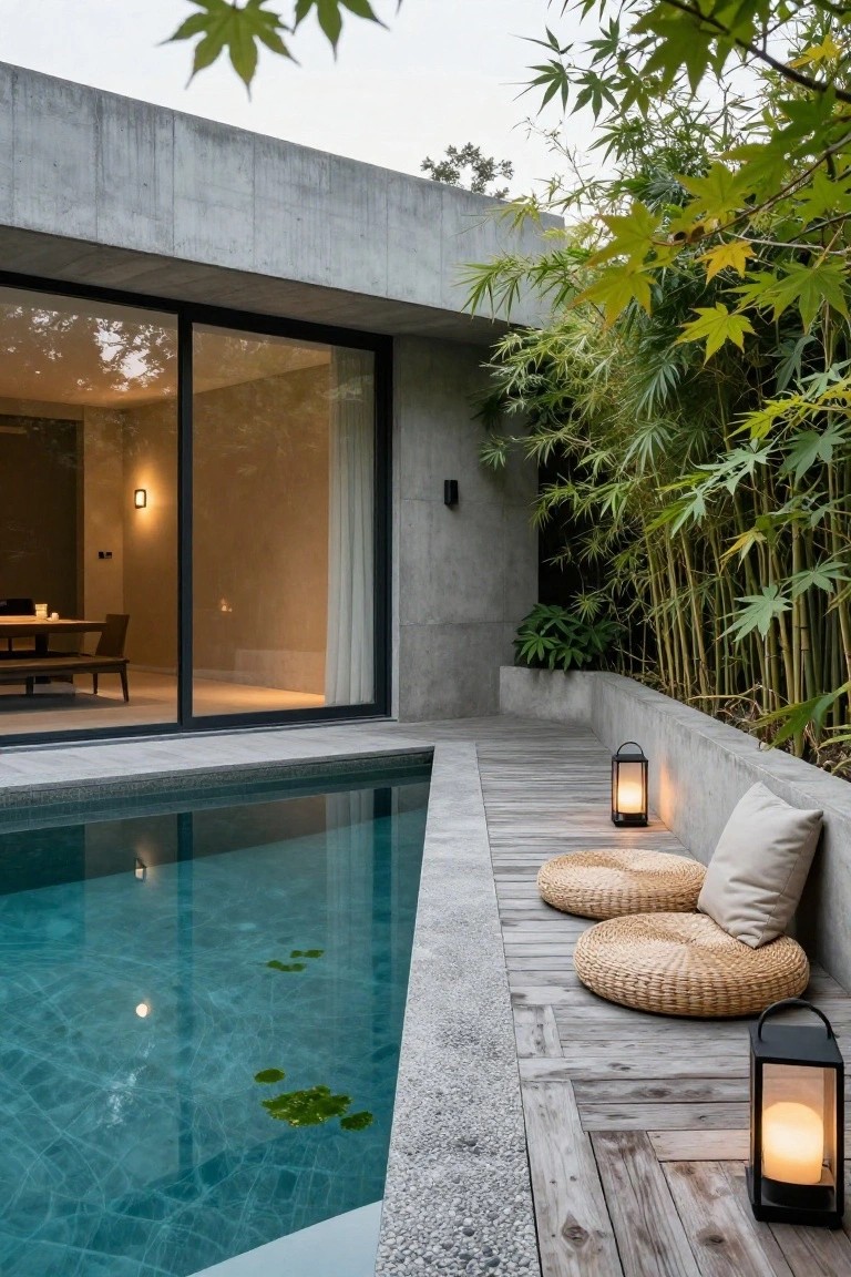 Wooden pool deck with beige woven floor cushions and black lanterns next to a turquoise-tiled pool edged in concrete, bamboo plants and a modern house with glass doors in the background.