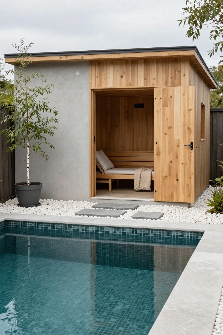 A small cedar-clad cabin with open wooden door showing bench seat inside stands beside a turquoise glass mosaic pool edged in white pebbles and gray stone, with potted trees and plants nearby.