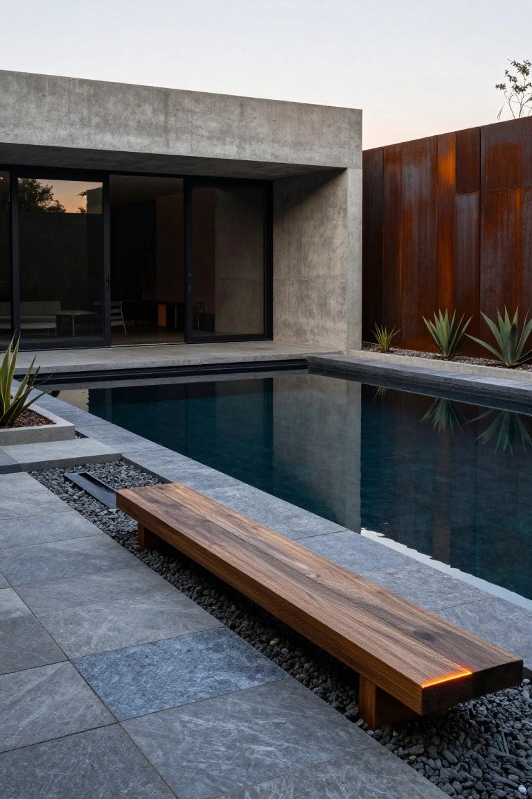 Long low wooden bench with illuminated edge on gray tiled pool deck next to rectangular dark-water pool, concrete house with glass doors and rusty metal wall in background, agave plants and gravel accents.