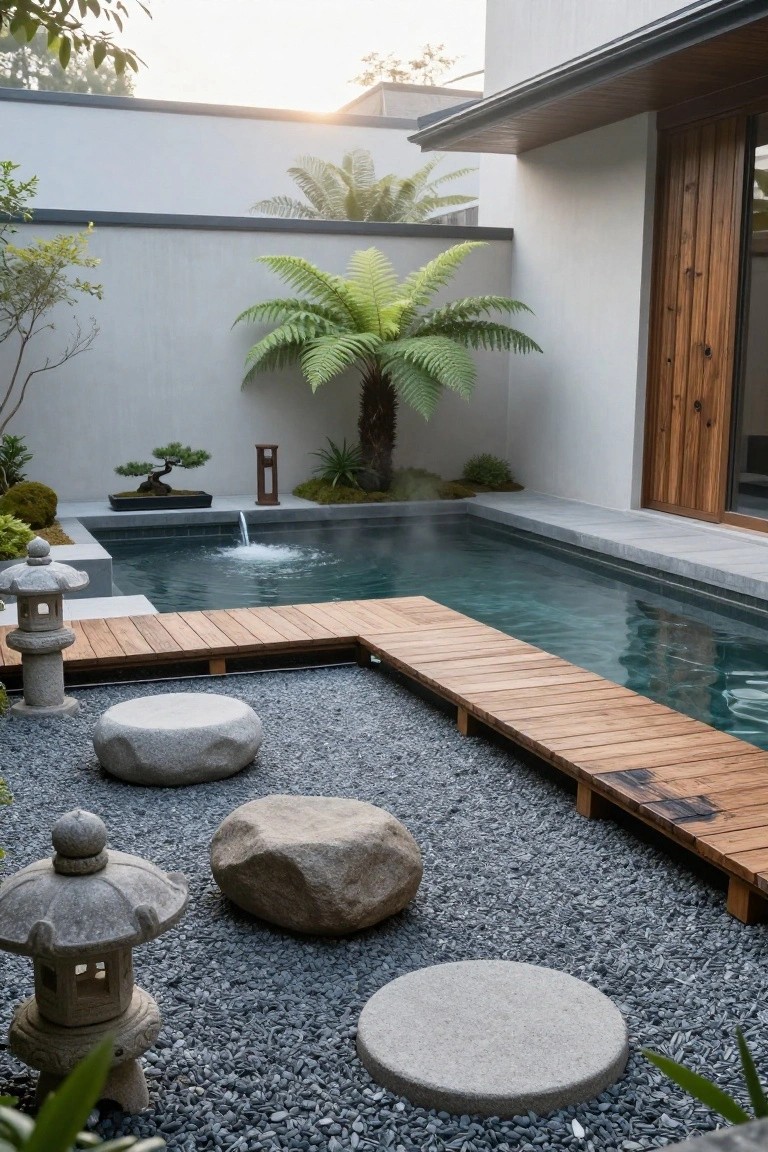 A narrow rectangular pool with a bubbling fountain in a Zen courtyard, featuring a wooden walkway along one side over gray gravel ground, surrounded by large rocks, stone lanterns, bonsai tree, ferns, and a tall palm against white modern walls.
