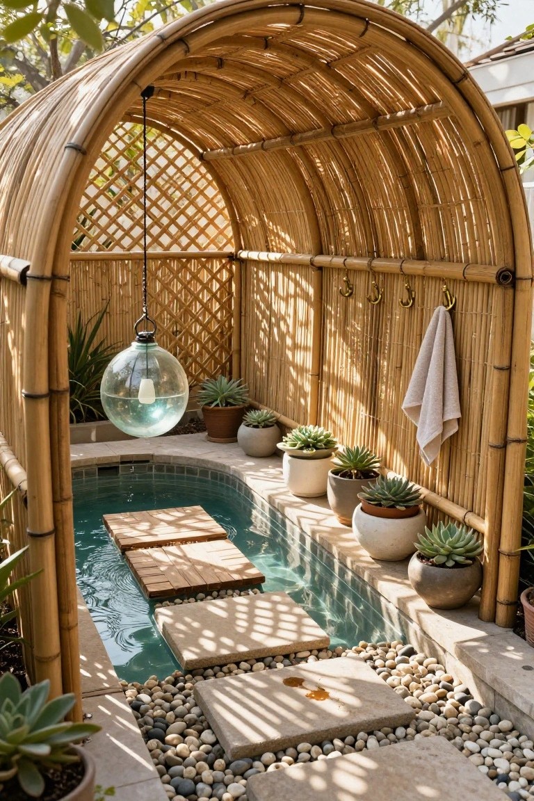 Curved bamboo pergola structure shading a small turquoise rectangular plunge pool with wooden stepping stones, potted succulents, pebble ground cover, hanging globe light, and towels on hooks.