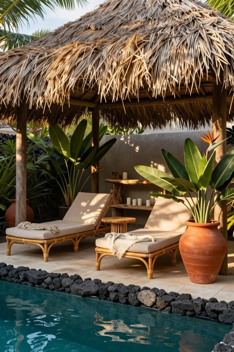 Two beige rattan loungers with cushions and throws under a thatched roof canopy on a stone pool deck, surrounded by potted plants and lava rocks next to a turquoise pool.
