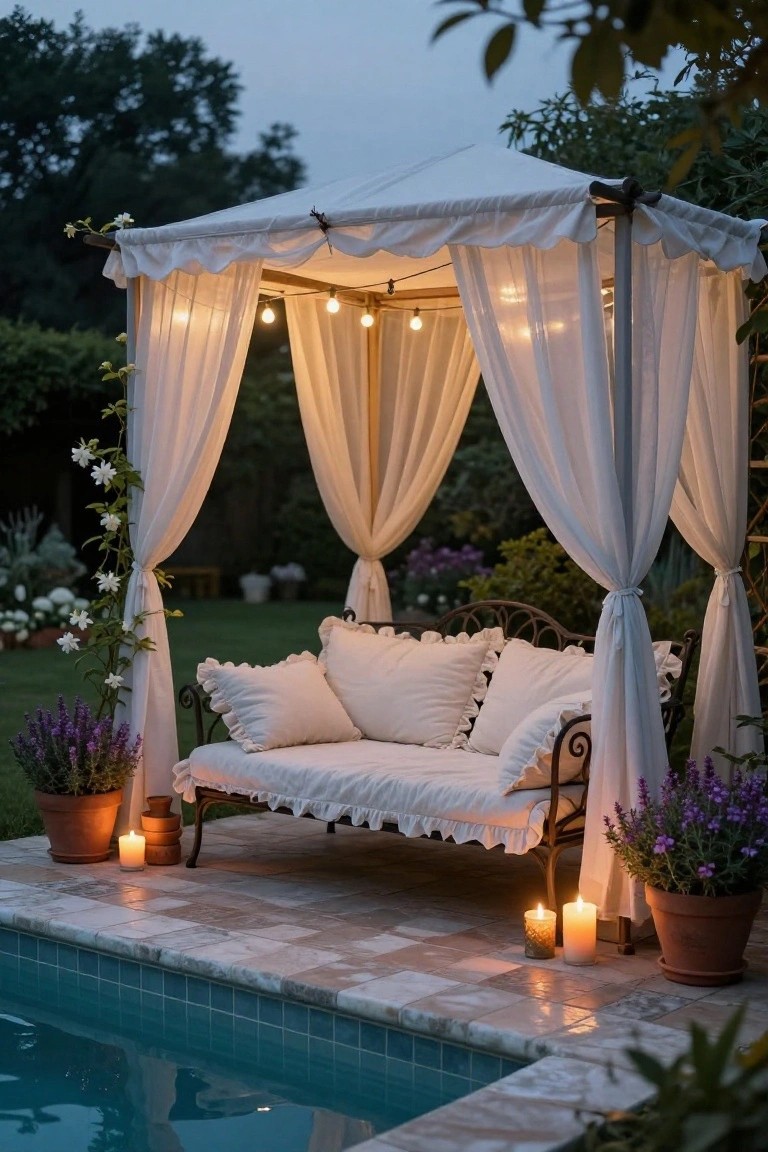 White sheer curtains draped over a wooden gazebo frame beside a pool, with a cushioned swing seat, potted lavender plants, candles, and string lights on a stone patio.