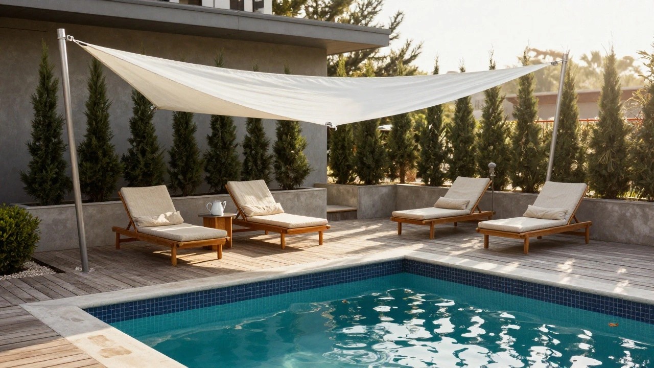 Large cream-colored umbrella shading two wooden lounge chairs and a small table on a wooden deck beside a turquoise-tiled pool, with potted plants, trees, and a modern house in the background.