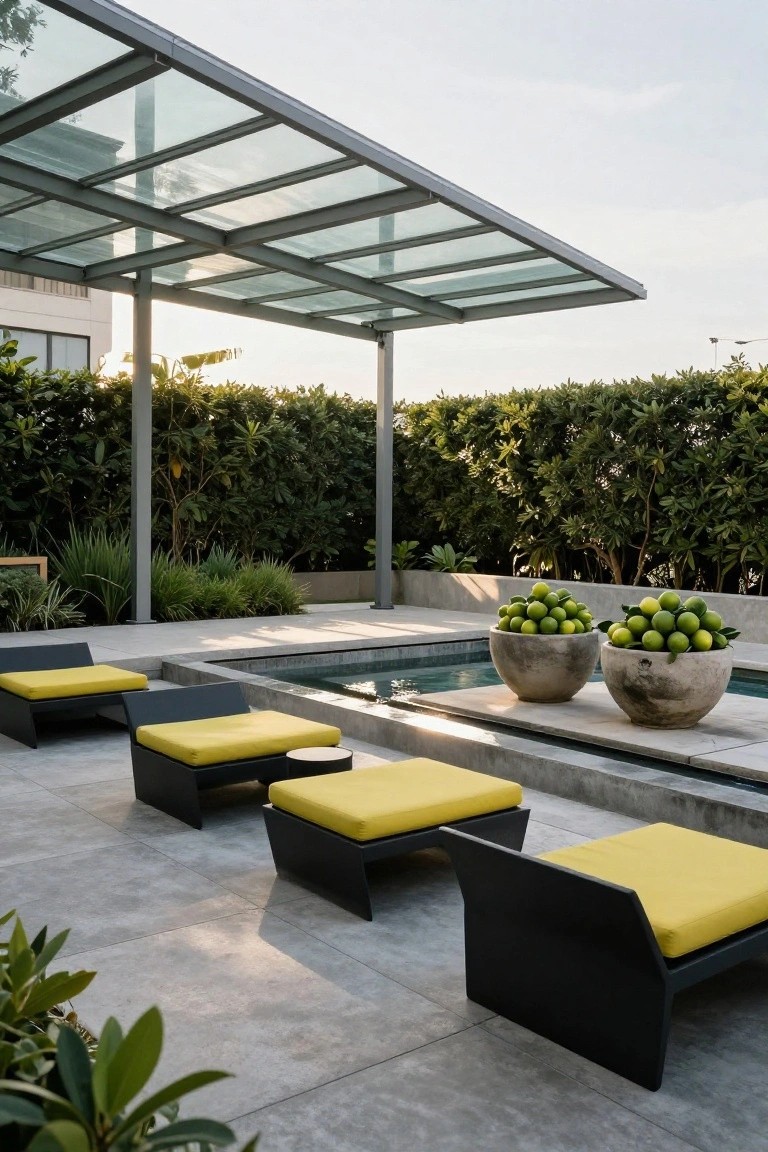 Outdoor pool area with black lounge chairs and yellow cushions under a metal-framed glass canopy, two large terracotta pots filled with limes next to the water, surrounded by hedges and plants on a stone patio.