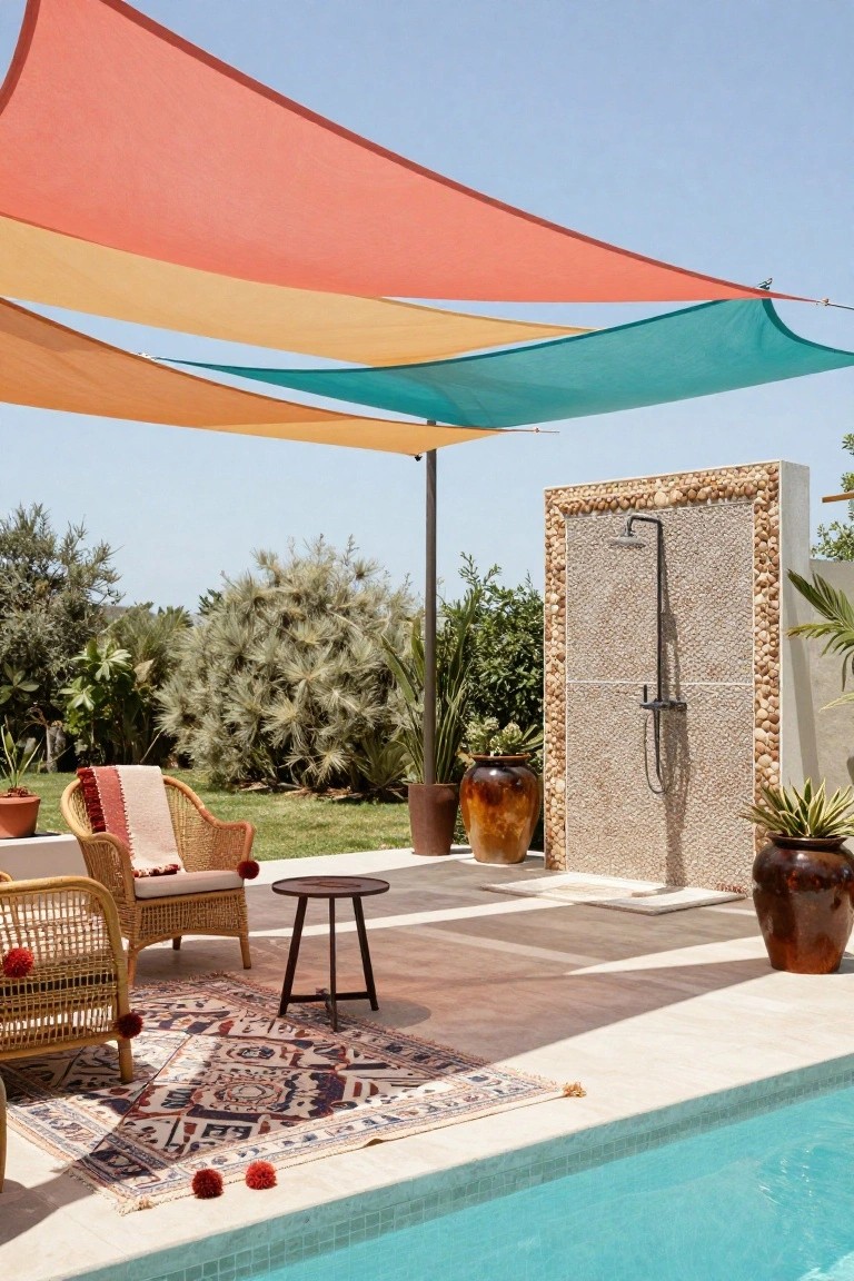 Poolside area with overlapping orange, yellow, teal, and green shade sails overhead, rattan chairs on a patterned rug beside an outdoor shower, potted plants, and greenery near a turquoise pool.